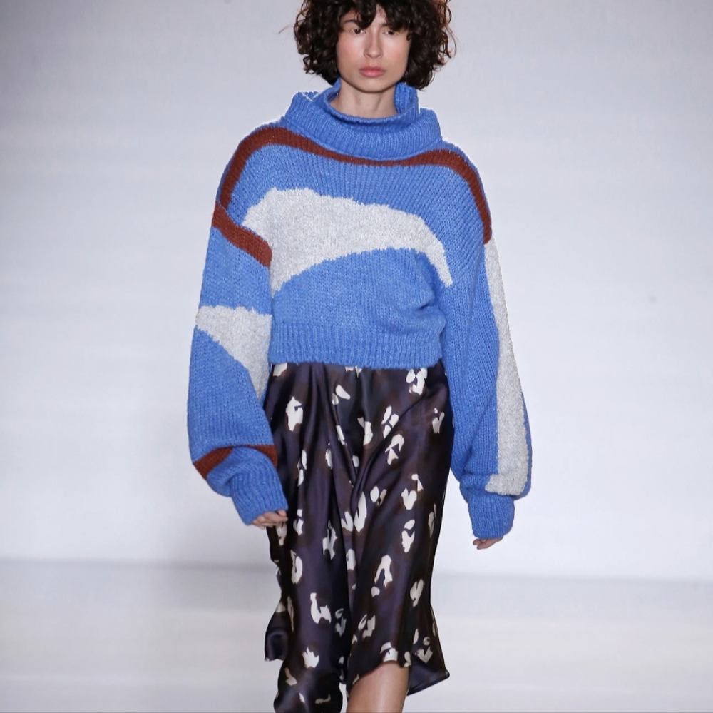 Blue Colorblock Cowl Neck Sweater